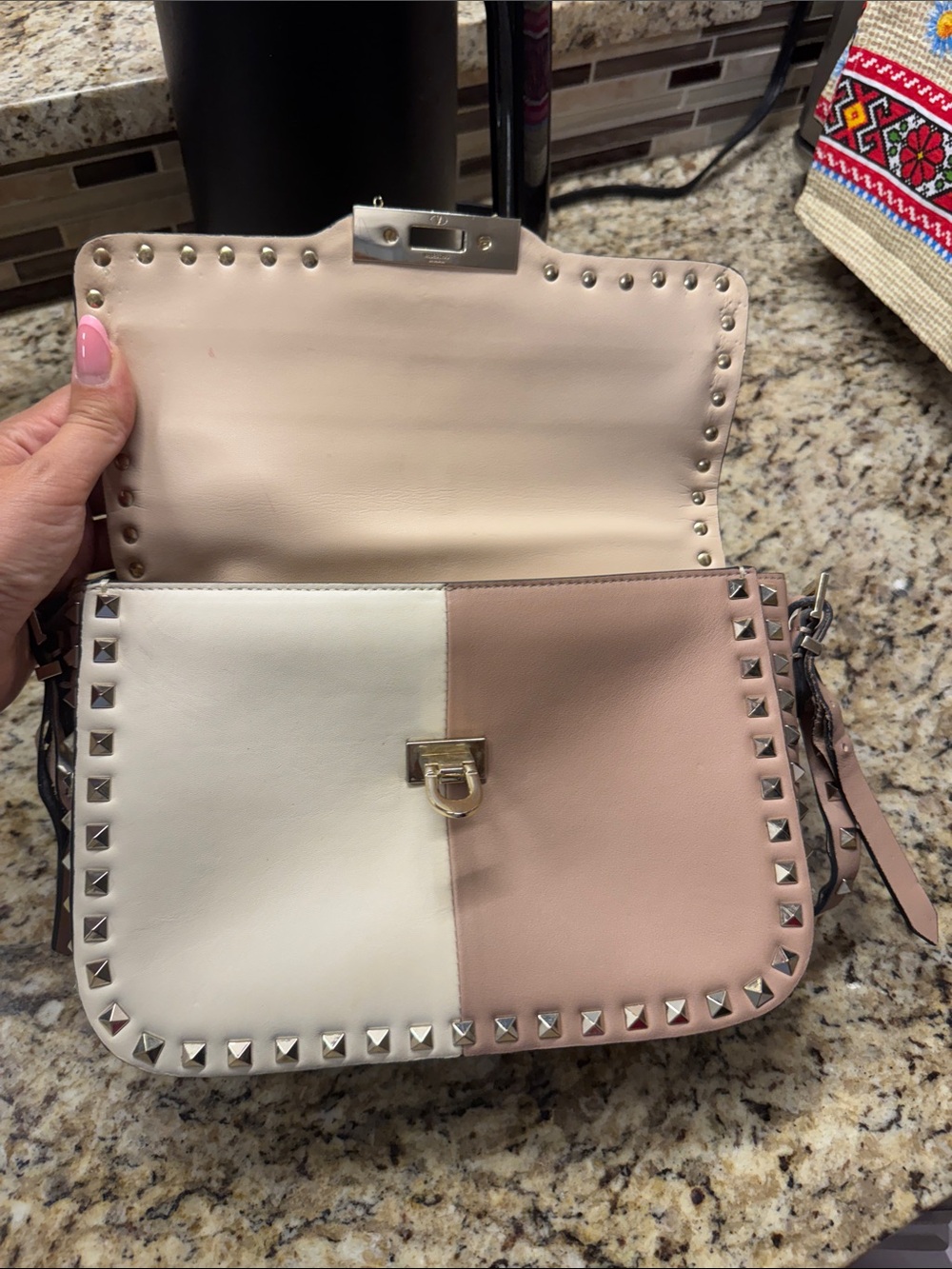 Studded Two-Tone Pink and Cream Crossbody Bag - Picture 5 of 8